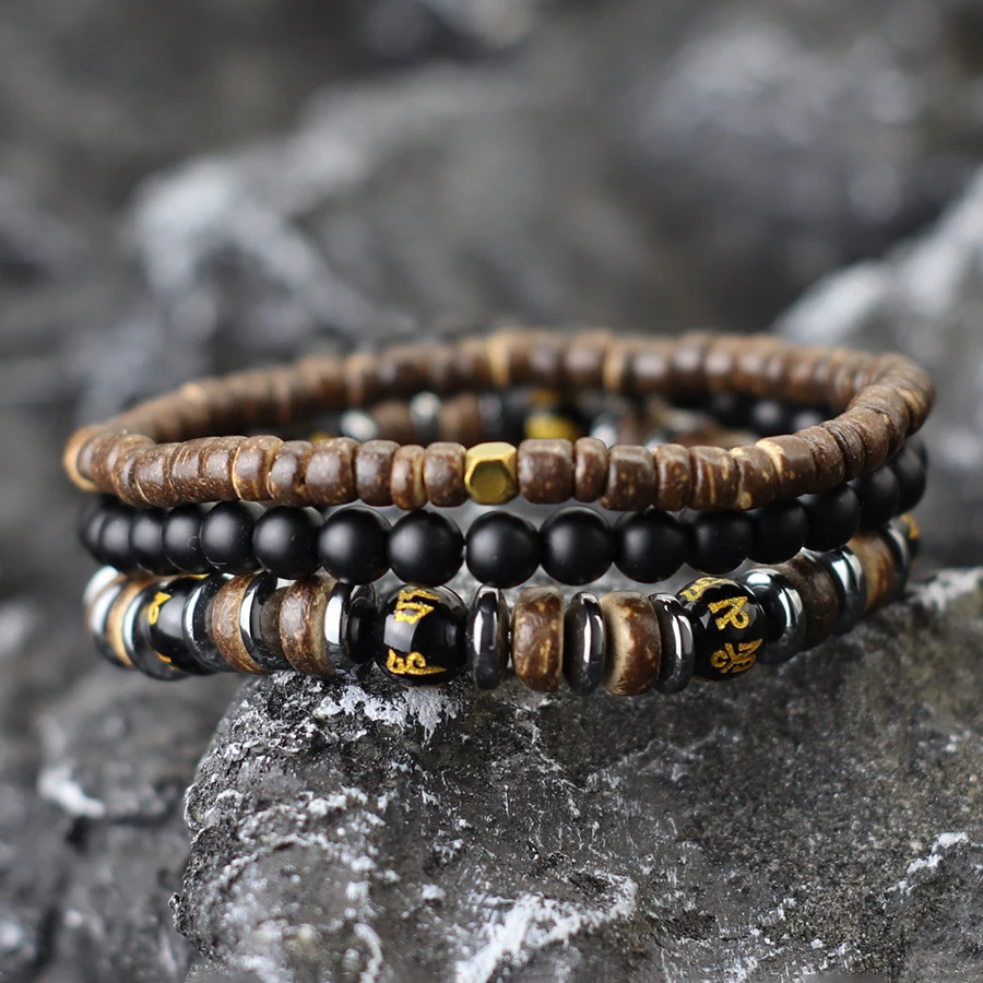Natural Coconut Husk Beads Men Bracelet Set with Lava Tiger Eyes Hematite Stone