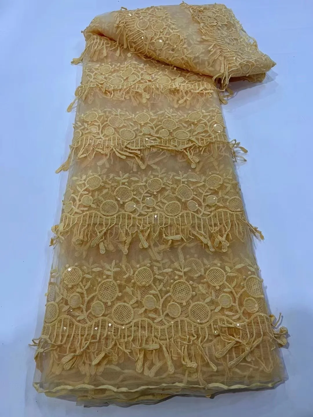 

Gold High Quality African Lace Fabric With Sequins French Embroidery Lace Fabric Nigerian Tulle Mesh Lace For Wedding Dresses