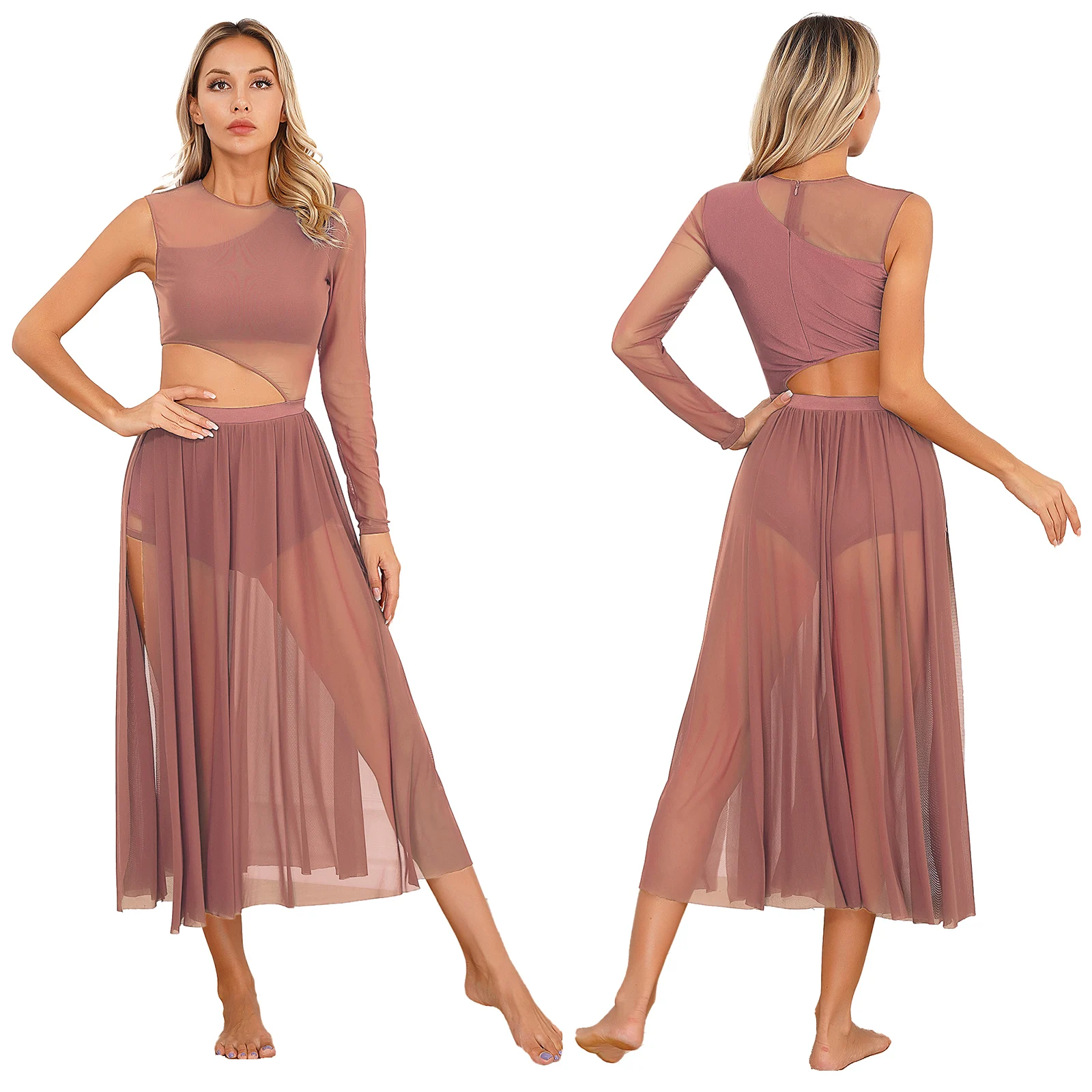 thumbnail image 1 of Vestidos de leotardo de patinaje y gimnasia para mujer, tutú, Ropa de baile de Ballet, malla transparente con abertura lateral, traje de actuación de danza lírica moderna, 1 of 5