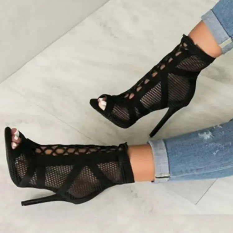 Women Sandals Hollowed Mesh Heels Belt Buckle Summer Lace-up Open Toe Stiletto Jazz Dance