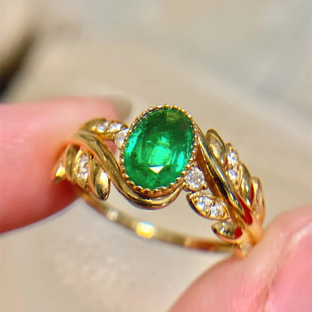 UBESTNICE Classic Real 18K Solid Yellow Gold Jewelry Au750 Wheat Ear Natural Diamonds Vivid Green Emerald Rings for Women Gift 3