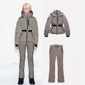 Winter Two Piece Skiing Set Hooded High Waist Padded Sport Parka Jacket Belt Female Thick Warm Pockets Windproof Skiing Pant 1
