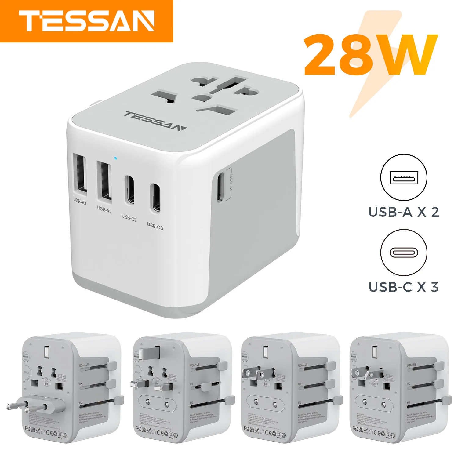 Universal Travel Charger with Multiple USB and Type C Ports