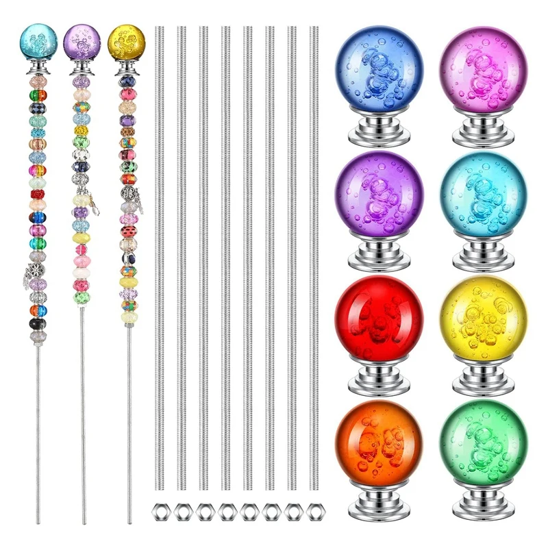 

DIY Garden Beaded Stakes Wands Kit Include 8 Pcs 8/32 Inch 12 Inch Threaded Rods, 8 Pcs Hex Nuts And 8 Diamond Stopper