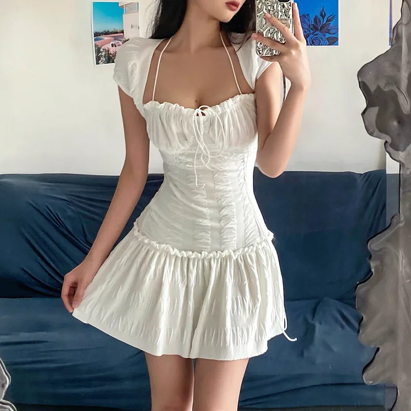 

Summer Square Neck Hanging Neck Lace up Dress Women's Ruffled and Slightly Transparent Design Short Sleeve French Dres