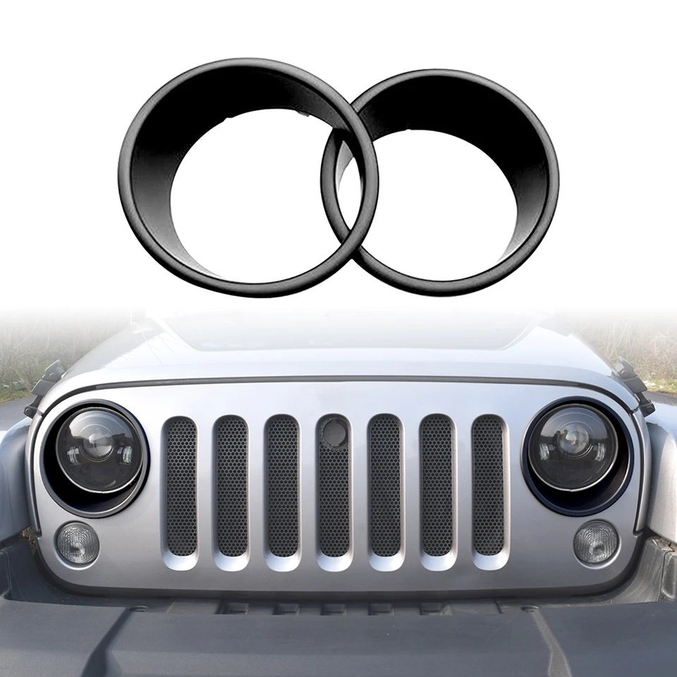 2pc Black Metal Front Headlight Cover Trim Bezel Guards For 2007-2018 Jeep Wrangler JK