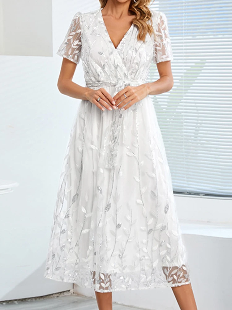 

Embroidered Sequin Mesh Dress Women Summer Short Sleeve V Neck Dress Female Elegant Fashion Bandage Slim Party Club Midi Dresses