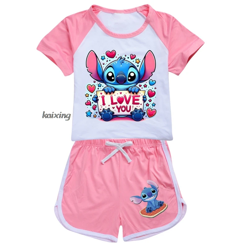 New Lilo And Stitch Girls Boys Clothing Set Kids Sports T shirt+Shorts Set Children Clothing Casual Comfort outfits Pyjamas Gift 6