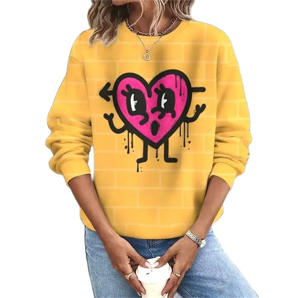 

Women Gradient White Love Thin Style Print Lightweight Classic Harajuku Autumn Spring O Neck Long Sleeved Basic Clothes Hip Hop