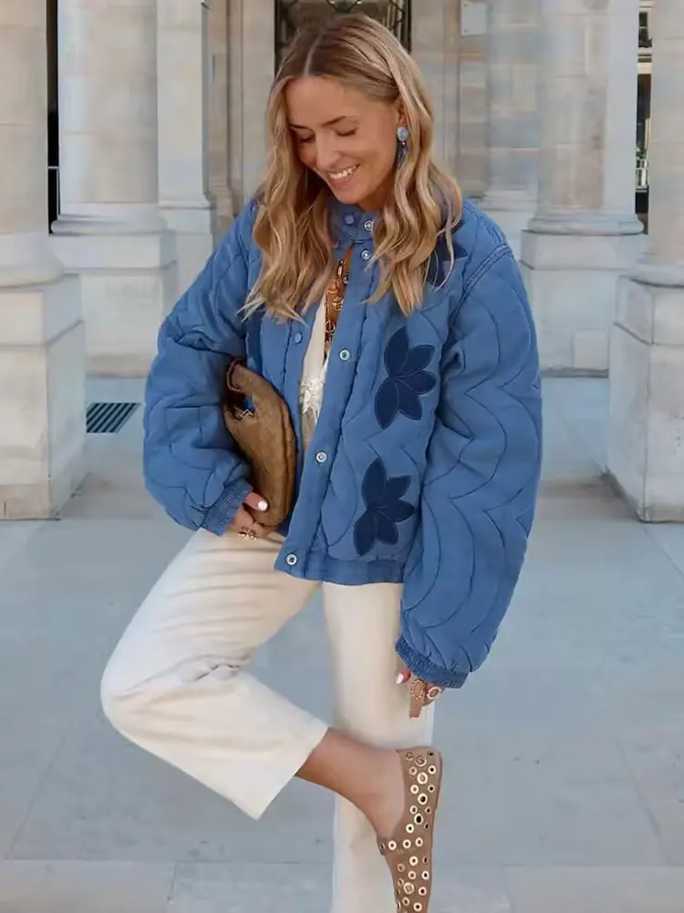 HH Women Fashion Floral Embroidery Quilted Coats Single Breasted Long Sleeve Jacket Autumn Loose Casual Maternity Outfit Top