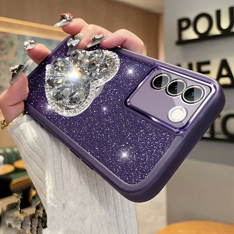 Custodia per telefono con supporto per cuore con diamanti per iPhone 15 max 14 pro 13 12pro 11 XS Max XR 7 8 plus coque Glitter in silicone_voghion.com