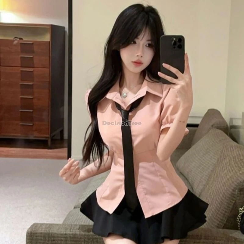 2026 여학생 교복 JK 유니폼 여성용 검정색 짧은 치마 JK 유니폼 세트 여성용 반팔 셔츠 넥타이 치마 3종 세트