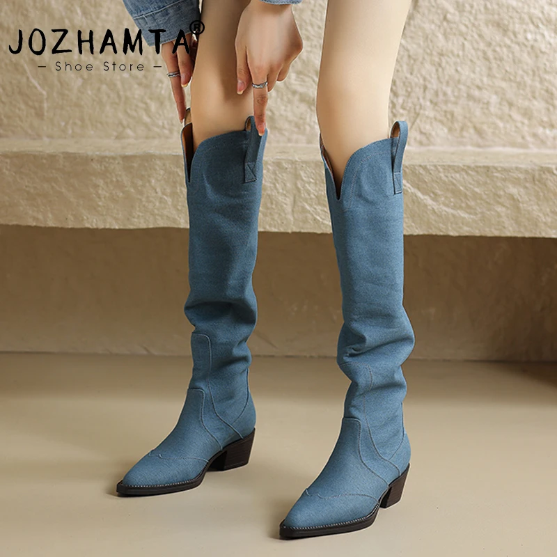 

JOZHAMTA Size 34-39 Western Cowboy Boots For Women Jeans Blue Thick Heels Winter Shoes Womans 2023 New Pointed Cowgirl Knee Boot