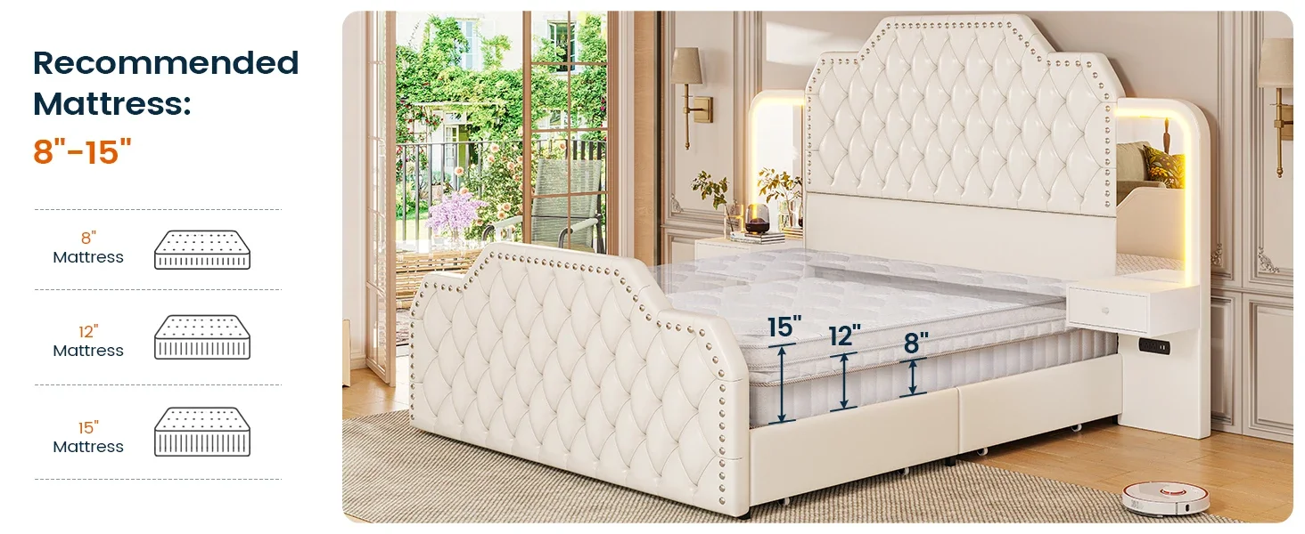 PU Leather Upholstered Queen Bed Frame with Deep Button Tufted Headboard and Footboard