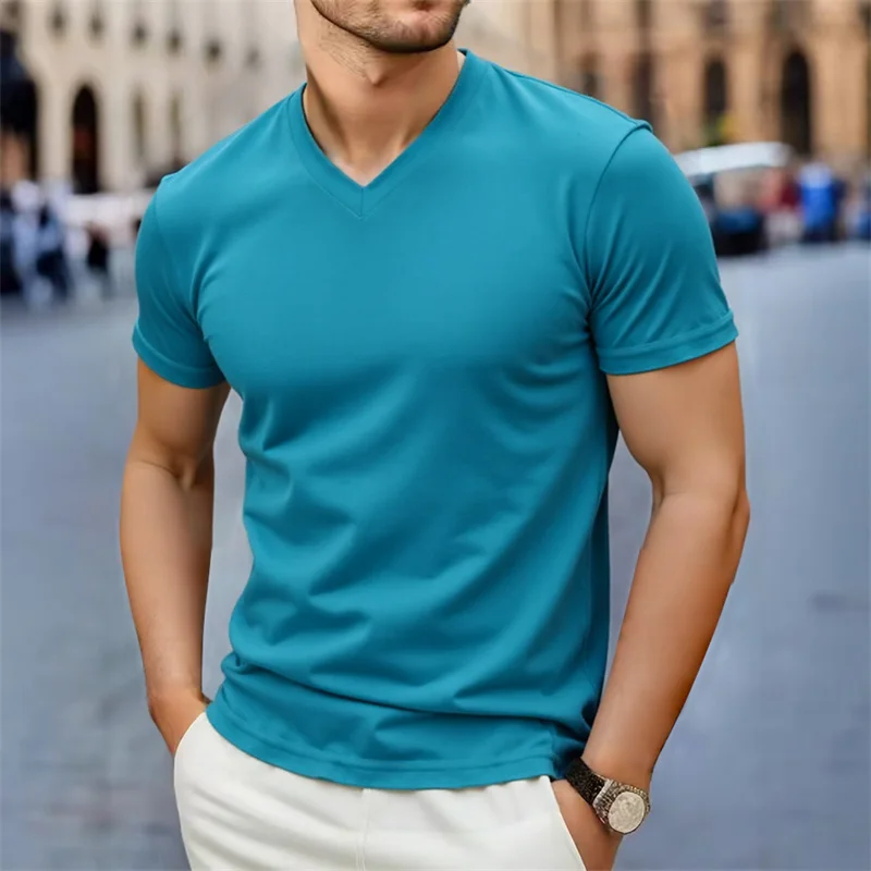 2025 Neue Herren Casual Mode Einfaches V-Ausschnitt Kurzarm-T-Shirt Sommer Bequemes Atmungsaktives Vielseitiges Oberteil – Detail 3