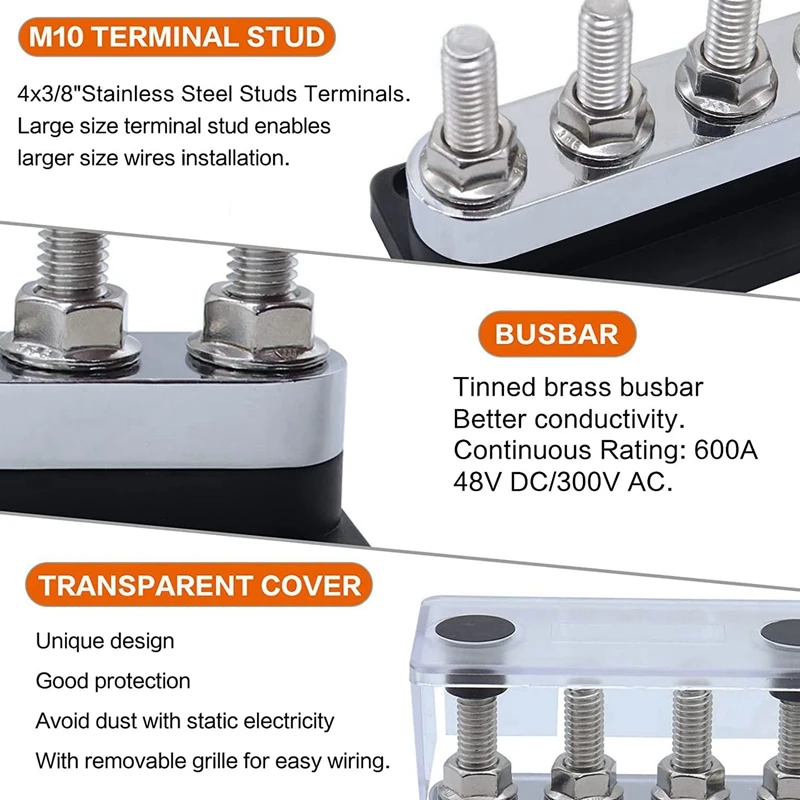 버스 바 고전류 구리 버스 바 터미널 블록, 마린 DC 12V 24V 48V, 커버 포함, 블랙, 2X 600A, 4 스터드 (3/8 인치) M10