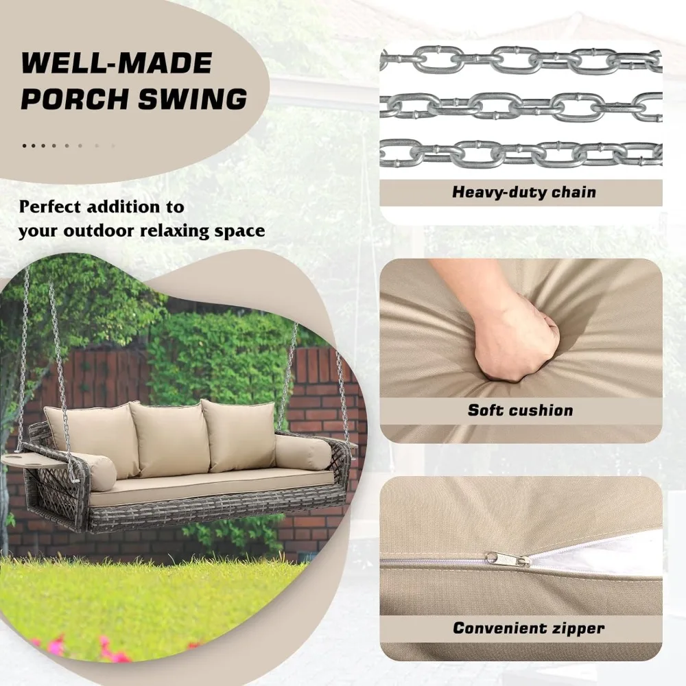 3 Person Porch Swing Patio Wicker Hanging Porch Swing Chair Outdoor Rattan Swing Bench with Cushion and Pillow for Garden, Yard 3