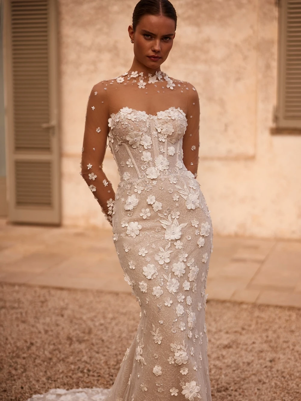 3d floral wedding dress long sleeve Whimsical 3D Floral A-line Wedding Dress with Off-the-Shoulder Blouson  Sleeves