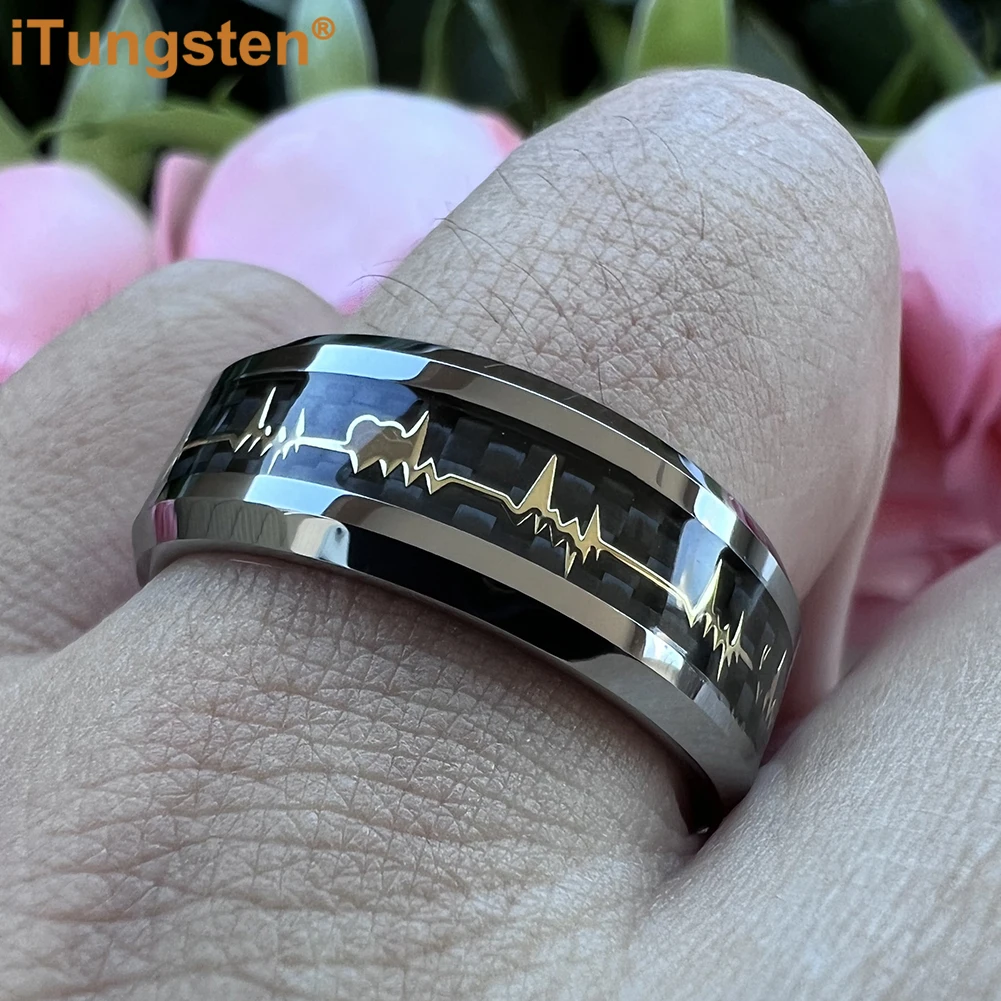 iTungsten 8mm Beautiful Heartbeat Ring Men Women Tungsten Wedding Band Fashion Jewelry Black Carbon Fiber Inlay Free Shipping