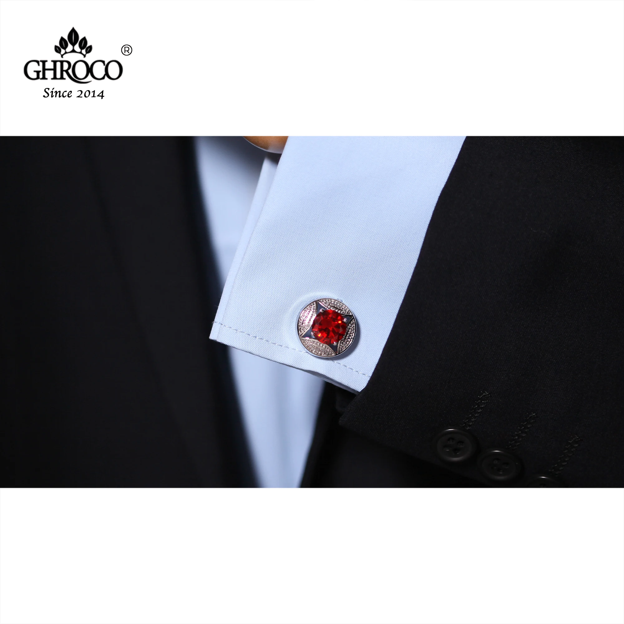 GHROCO High Quality Exquisite Round Red Zircon French Shirt Cufflinks Fashion Luxury Gifts Business Men and Women Groomsmen