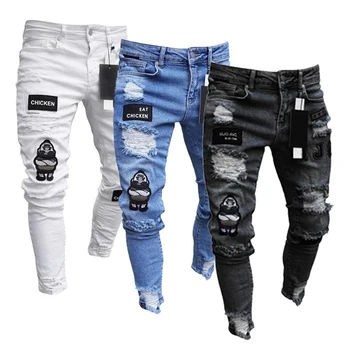 Jeans strappati skinny con ricamo bianco da uomo in cotone elastico con foro slim fit pantaloni in denim hip-hop jeans casual per uomo pantaloni da jogging 1