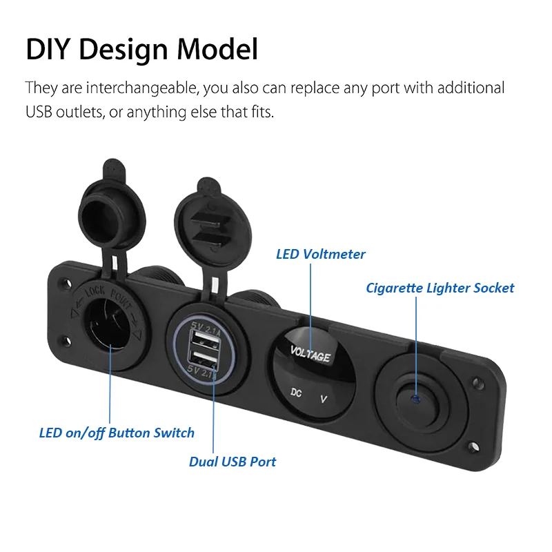 Presa USB 12V Marine Interruttore Pannello Spina da 12 Volt, PD3.0 e Doppia Porta USB QC3.0 Caricabatterie da Auto in Alluminio, Attacco Accendisigari Iimpermeabile da 150W 2 in 1 Kit per Barca