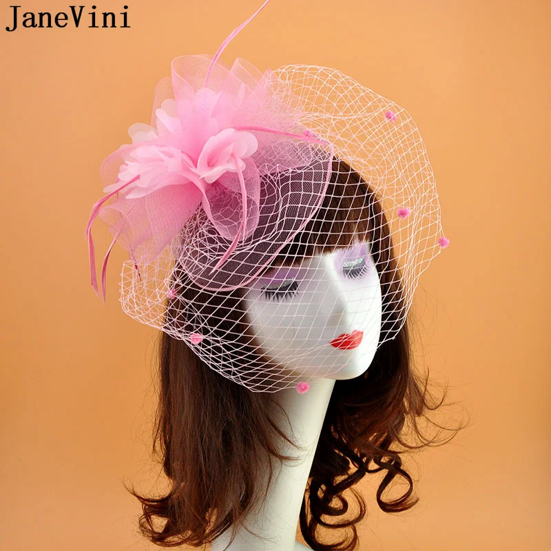 JaneVini Pink Feathers Bride Headwear Covering Face Veil Fascinator Wedding Bridal Hat Cocktail Party Flower Hair Accessories