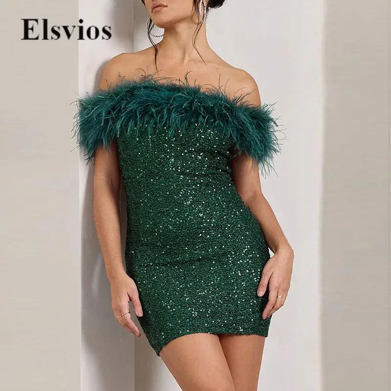 

Elegant Patchwork Plush Backless Tight Slim Dress Fashion Women Mini Party Dress Sexy Strapless Off Shoulder Solid Sequins Dress