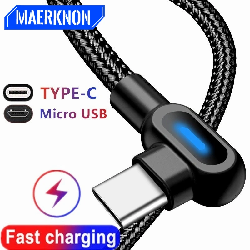 

USB C Type C Cable 90 Degree Elbow Mobile Phone Fast Charging Cord For Samsung Xiaomi Gaming Cable Type-C Microusb Charger Cable