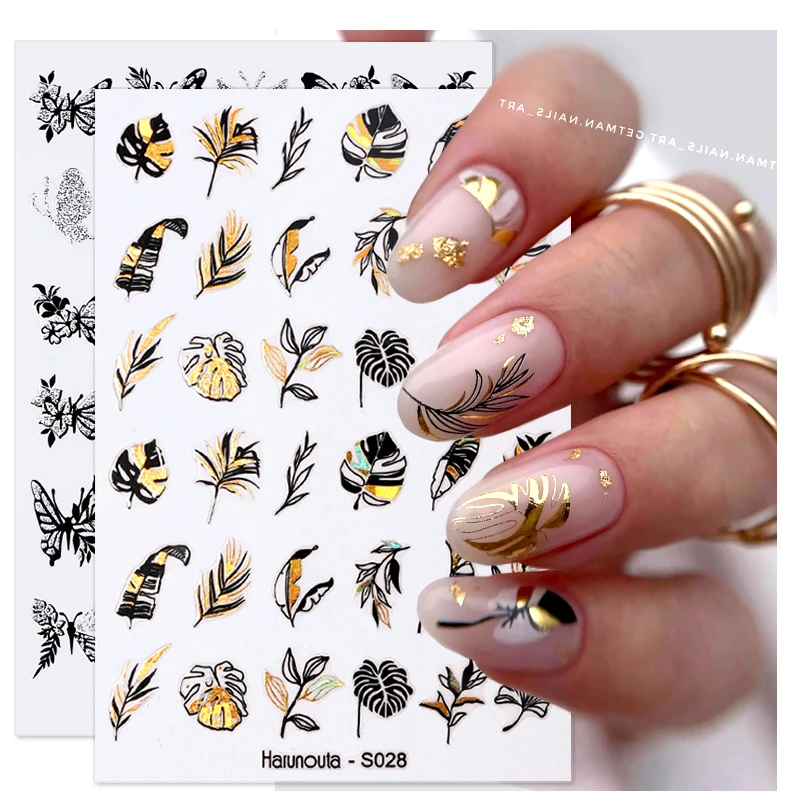 Harunouta Gold Leaf 3D Nail Stickers Spring Nail Design Adhesive Decals Trends Leaves Flowers Sliders for Nail Art Decoration