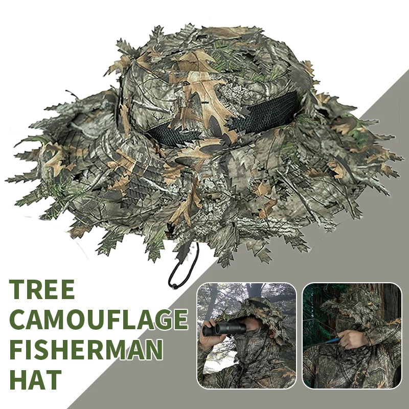 Outdoor Bionic Tree Hunting Bucket Hat Polyester Camping Hiking Hunting with 3D Maple Leaf Hidden Jungle Hat Sun Protection Cap