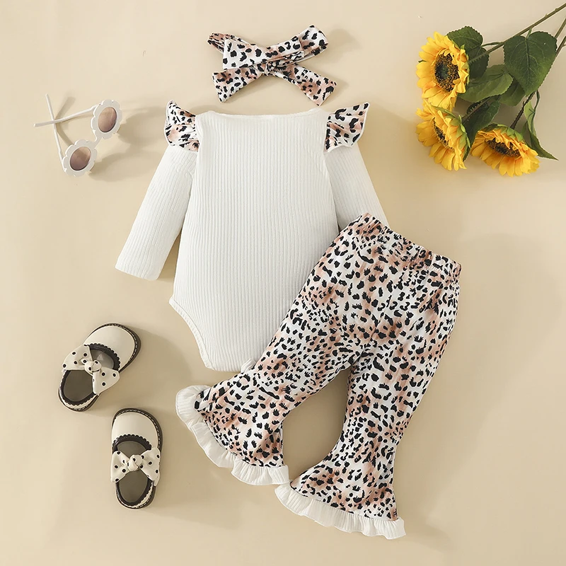 Fall Baby Girl Clothes Fly Sleeve Letter Bodysuit Leopard Print Bow Flared Pants Hijab 3PCS Set 0-18 Months Toddler Girl Costume