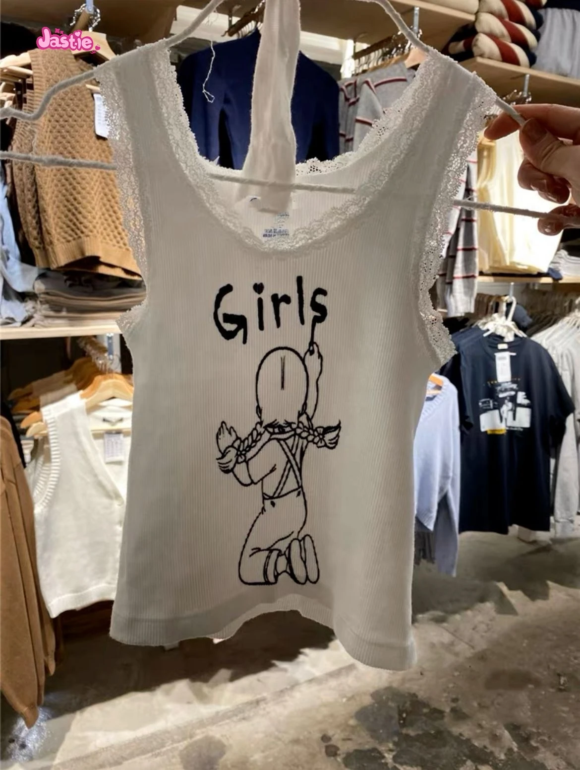 

Cute Girl Print Sexy Crop Top Women Lace Patchwork Round Neck Sleeveless T Shirt Women 2021 Summer Casual Streetwear Cotton Tops