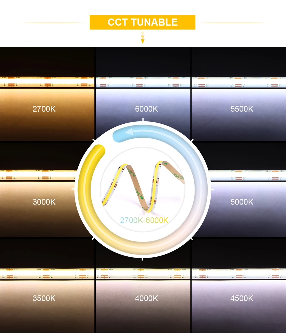 Description Picture 4 of item3PIN DC12V 24V CCT COB LED Strip Light 608LEDs/M High Lumen Dimmable LED Tape Bar Lamp For Kitchen Cabinet Bedroom Studyroom