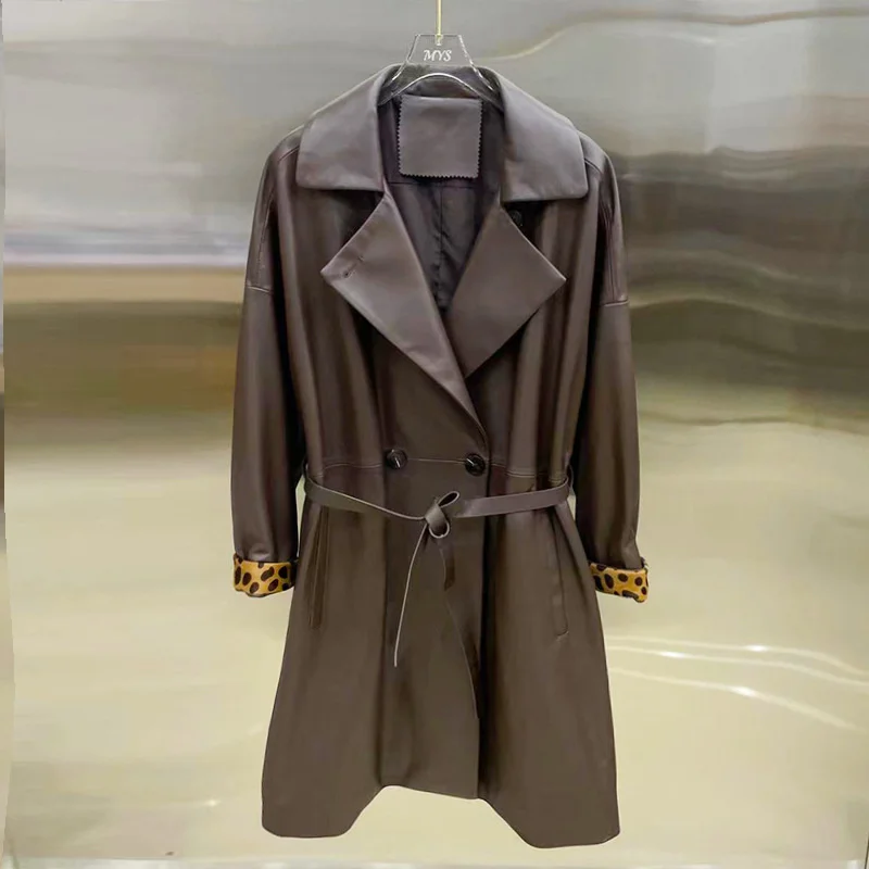 

2024Genuine leather coat spring new suit lapel medium and long sheep skin patchwork horsehair cuffs waist top