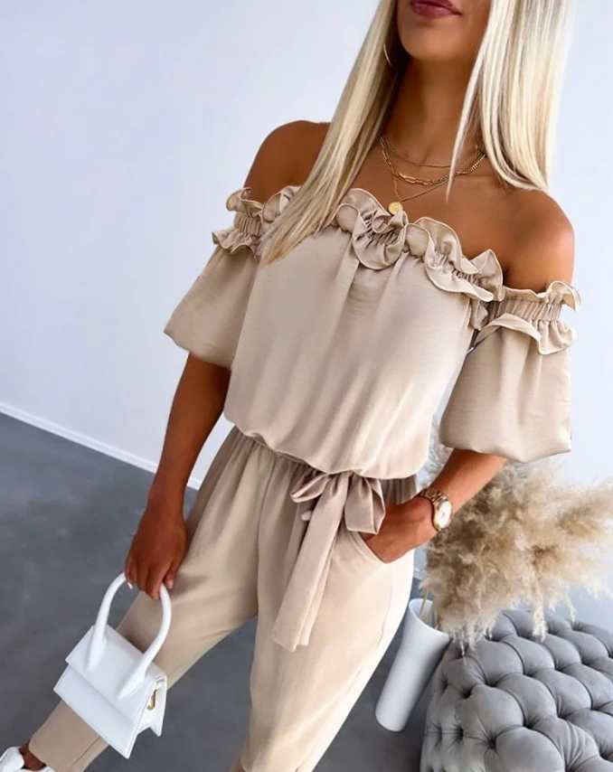 Women Casual Jumpsuit 2024 Spring Summer Latest Off Shoulder Frill Hem Tied Detail Romper Short Sleeve Pocket Vacation Bodysuit