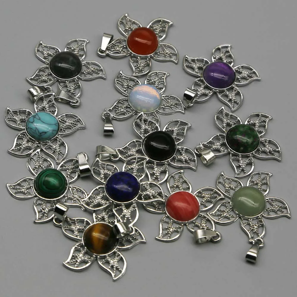 Quality Natural Stone Round Crystal Agate Alloy Hollow Petal Necklace Pendant Simple Fashion Jewelry Accessories Wholesale 12Pcs