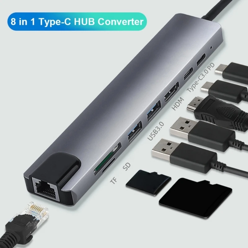 8 in 1 Multiport Adapter with Gigabit Ethernet Type-C USB Port Card Reader 601E