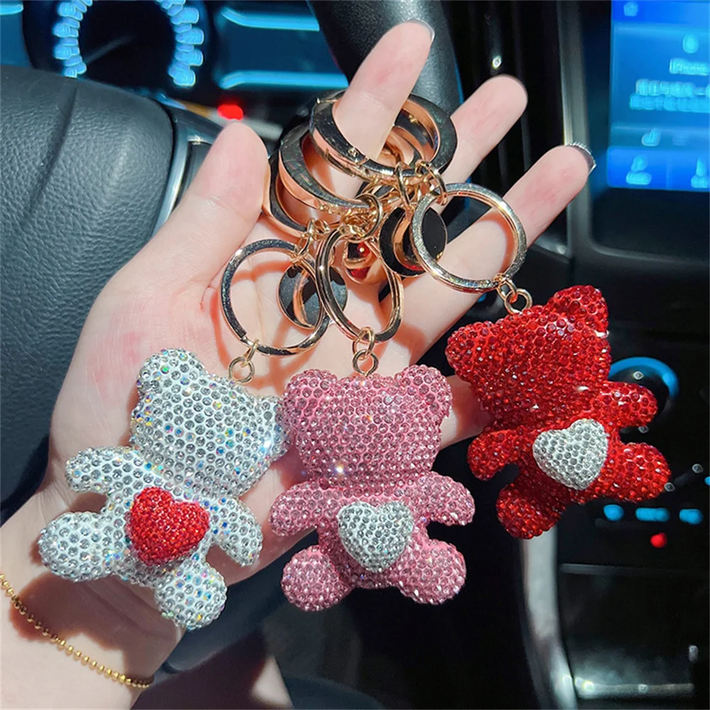 Full Diamond Love Teddy Bear Keychain Metal Large Ring Cute Cartoon Doll  Keyring Bag Backpack Pendant Car Hanging Small Gift New