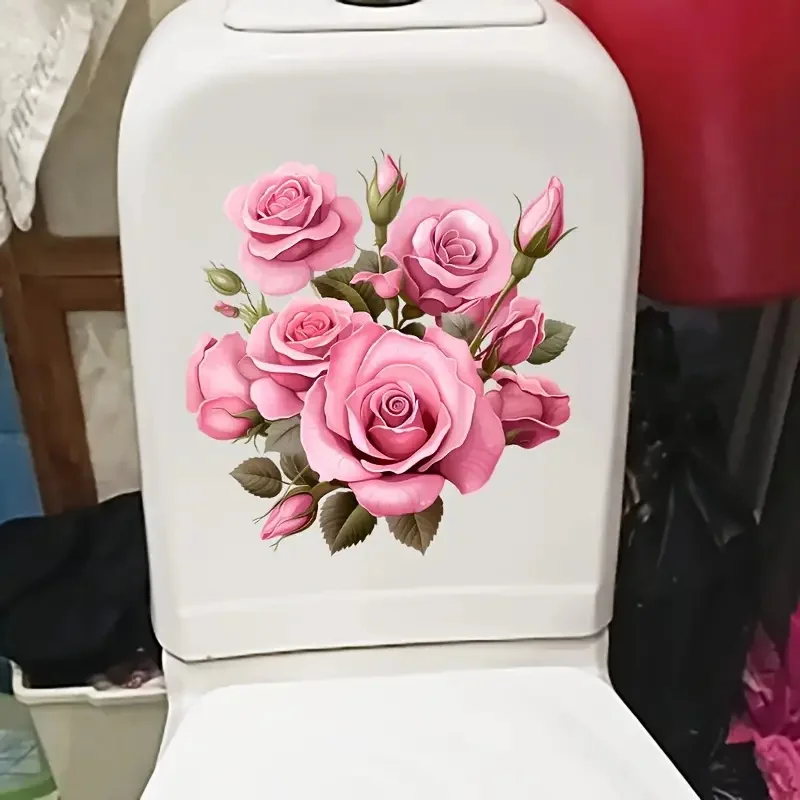 Waterproof Pink Roses Bouquet Creative Decal Reusable PVC Sticker for Toilet Lid Bathroom Decor toilet stickers toilet wall stickers toilet seat stickers