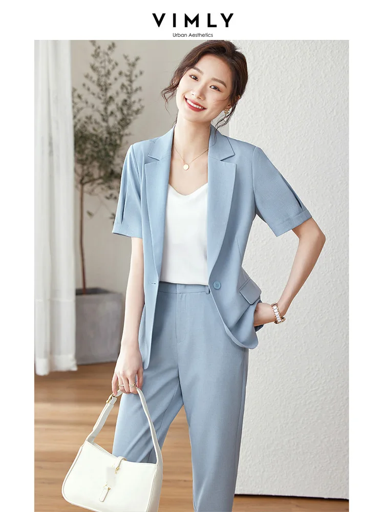 Vimly Elegant Summer Office Outfits Women 2 Pieces Pant Sets 2023 Chic and Elegant Short Sleeve Blazers Jacket Women's Suits