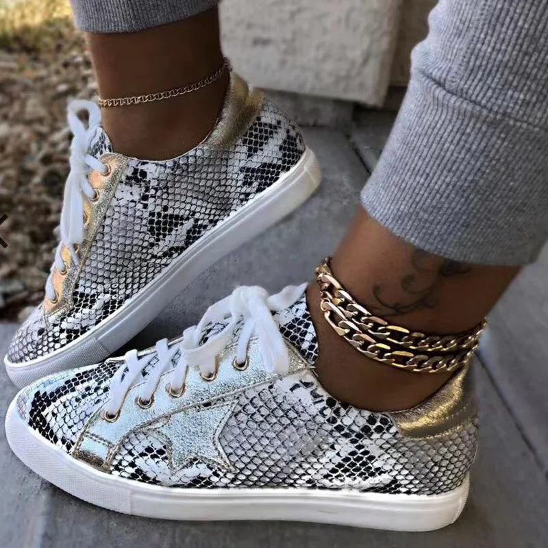 

Snake Print Flat Women's Sneakers Tennis Sports Laces Female Running Shoes Spring Autumn Fashion Causal Handmade Ladies Shoes
