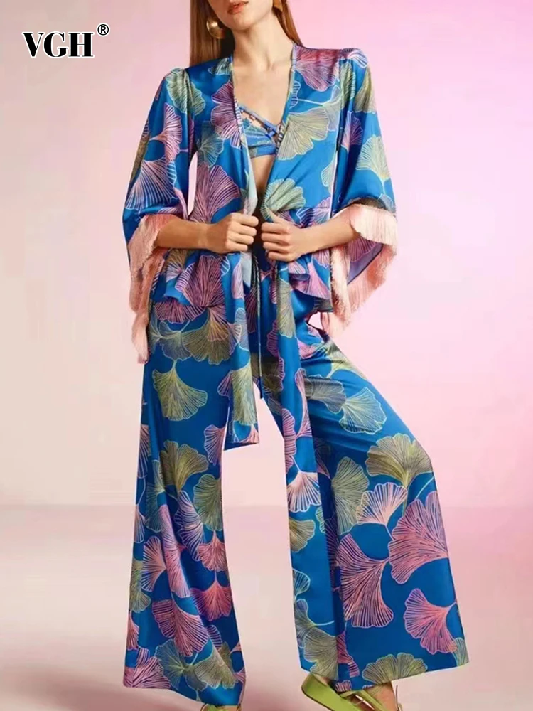 

VGH Hit Color Print Two Piece Set For Women V Neck Long Sleeve Spliced Tassel Coat High Waist Wide Leg Pant Casual Sets Female