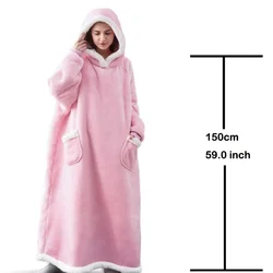 Cozy Winter Oversized Wearable Blanket with Flannel Sleeves and Hood - One Size (Pink-150cm-59.0inch)