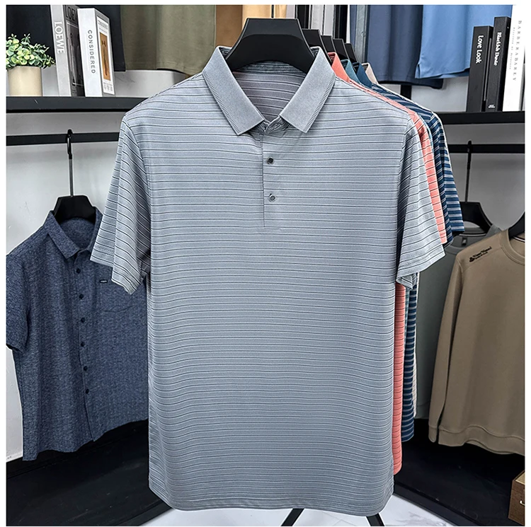 High Quality Summer Men's Business Casual Short Sleeve Comfortable Stripe Lapel Fashion Polo Short Sleeve No Trace T-shirt Top 28 S57af7672929d40049f321773ee47fce9w