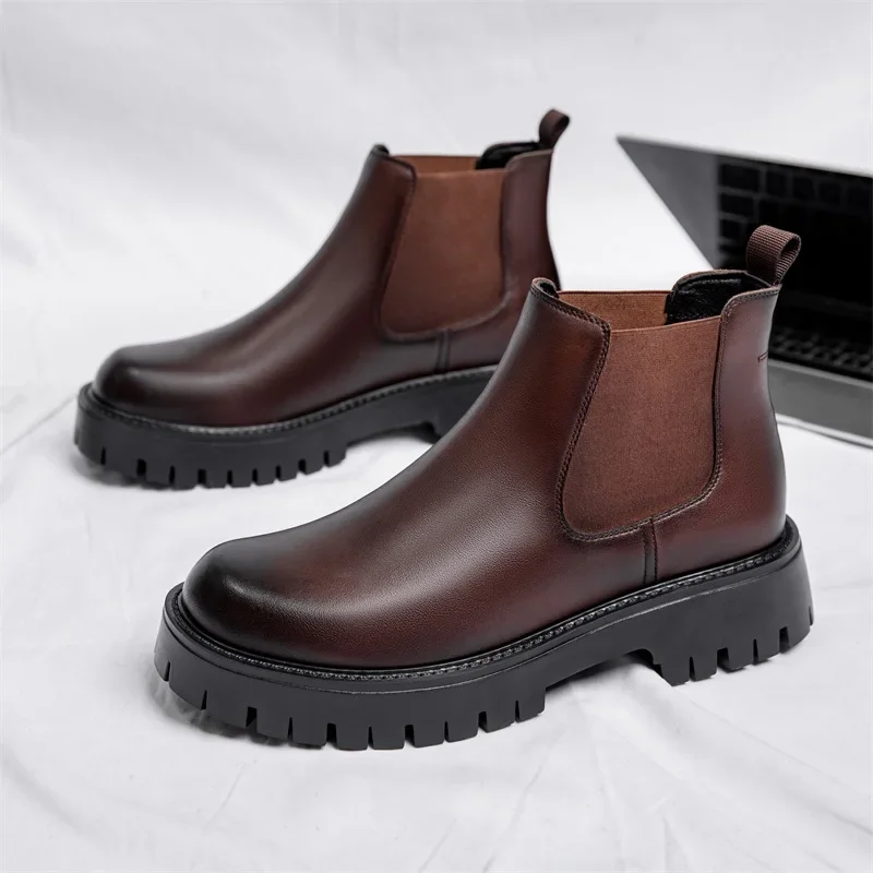 Italian Men's Boots High Top Outdoor Chelsea Boots Leather Ankle Men Platform Round Toe Boot