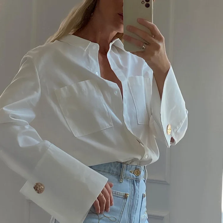 Fashion Woman Blouses 2023 Elegant Lapel Long Sleeve Office Lady Shirts Casual Loose White Pockets Tops Female Clothing dignified office lady formal classic blazers skinny solid simplicity button women s clothing pockets 2022 coat tops all season
