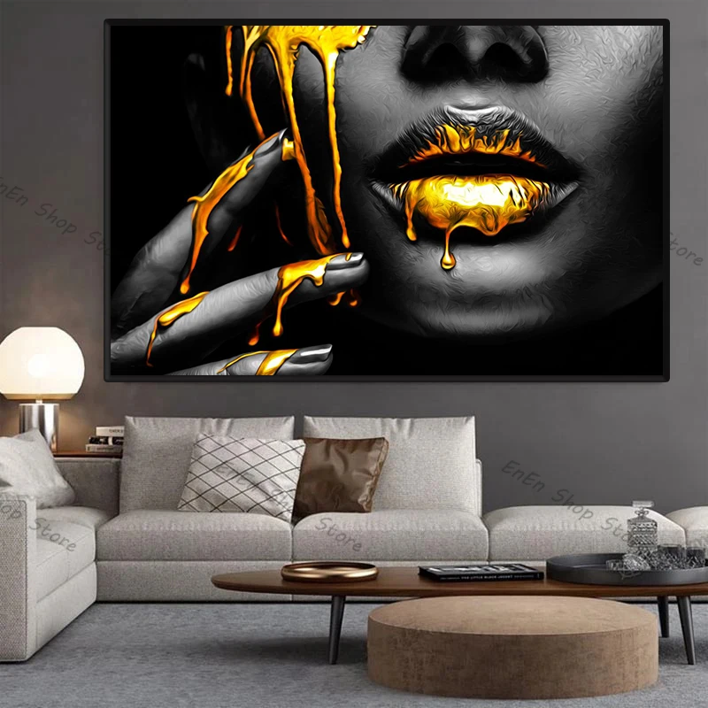 AbstractAfricanSexyWomenBlackandGoldFaceLipCanvasPaintings