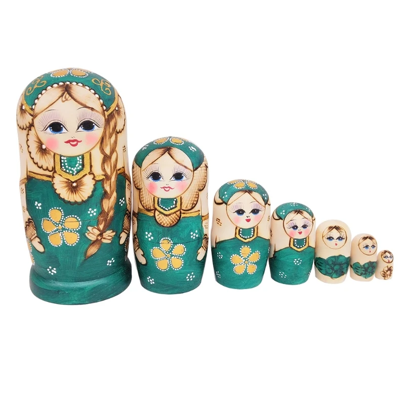 

7pcs Green Russian Nesting Dolls Wooden Matryoshka for Children Kids Christmas Home Room Decoration Halloween Wishing Gift