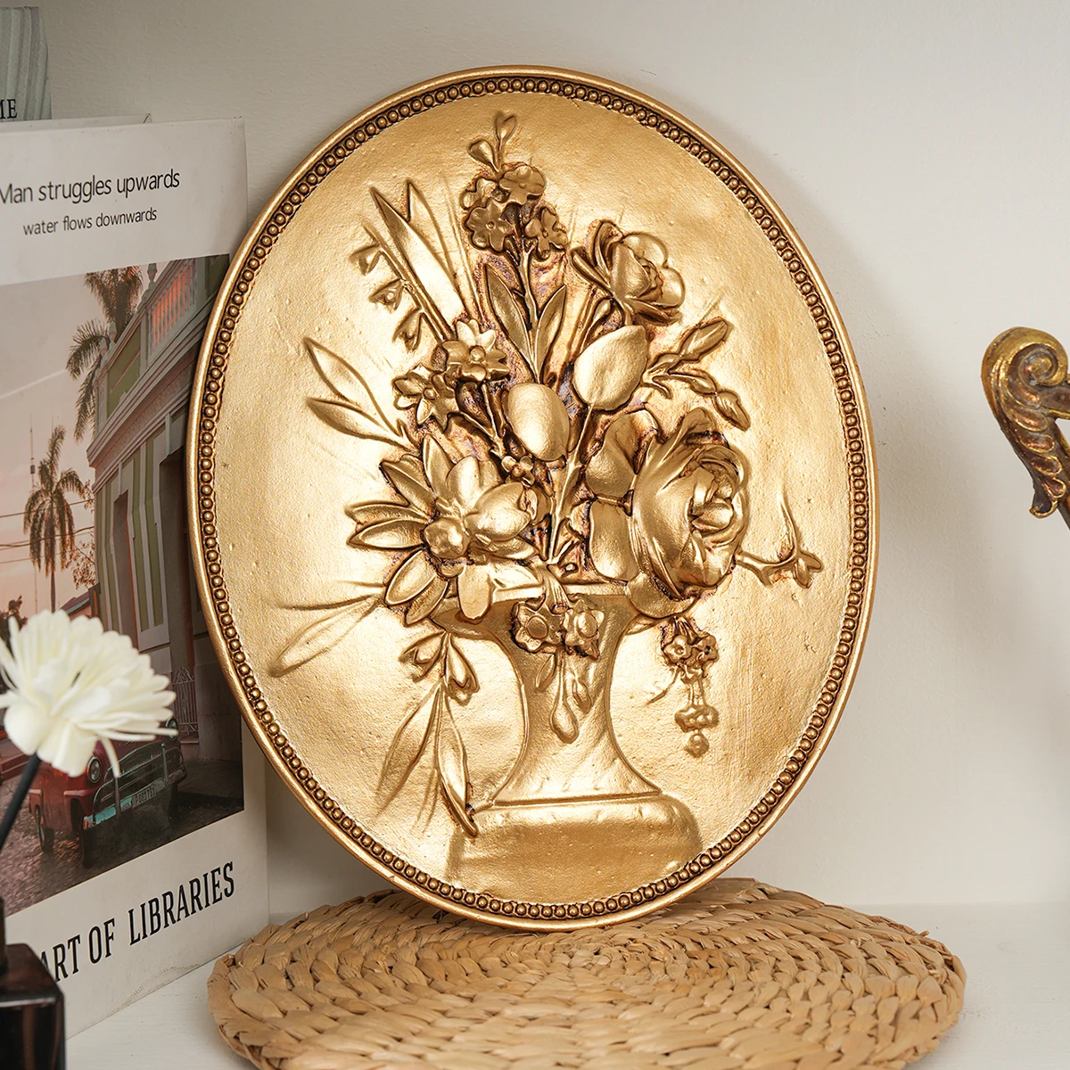 1PC, retro golden oval-shaped faux relief carved wall decoration, hand-painted resin material for home wall decoration